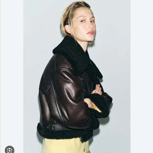 Zara Double Faced Faux Fur Faux Leather Jacket S L NWT 2969/046  Brown Burgundy - Picture 4 of 11
